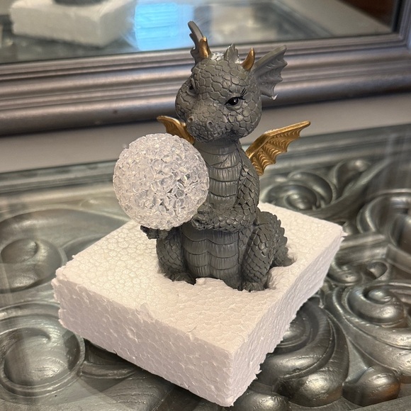 Gray Dragon Statue Figurine with Gold Wings Light Up LED Crystal Ball - Picture 2 of 7
